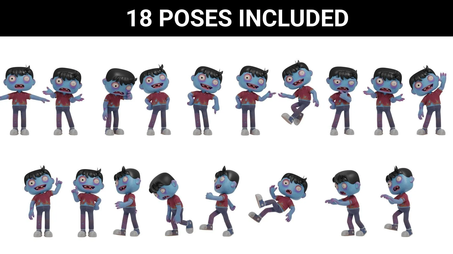 18 pre-made poses for Cartoon Male Zombie
